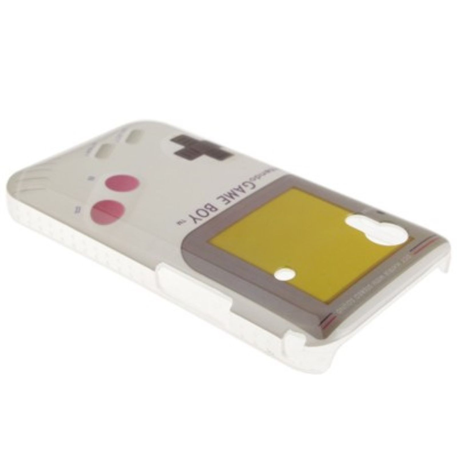 Weiße Handyhülle mit Game Boy Design auf weißem Hintergrund.