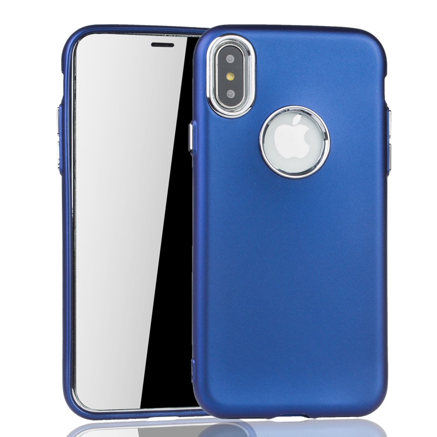 Blaue iPhone-Hülle, silberner Kameraring, weißes Apple-Logo.
