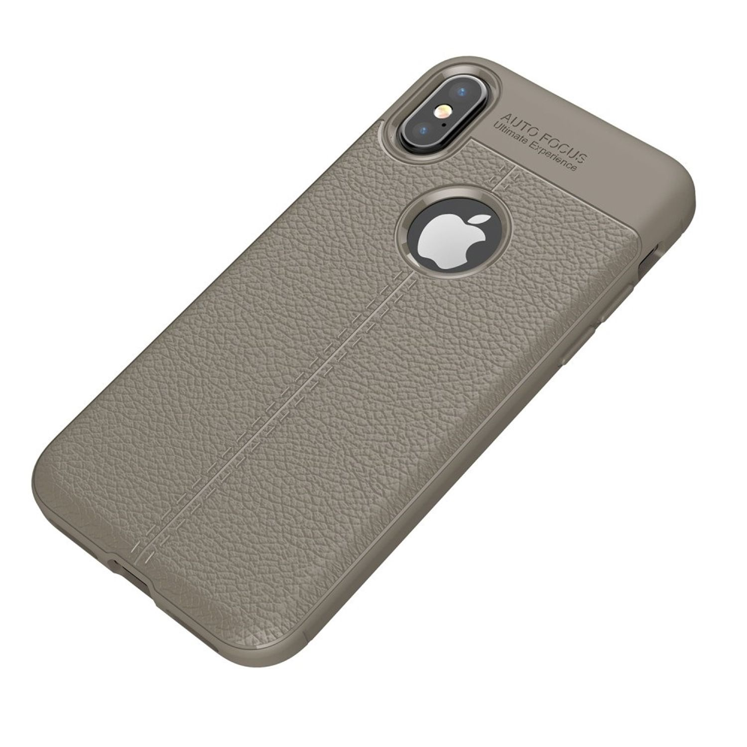 Graue Handyhülle mit einem Apple-Logo. Es hat eine Lederstruktur.