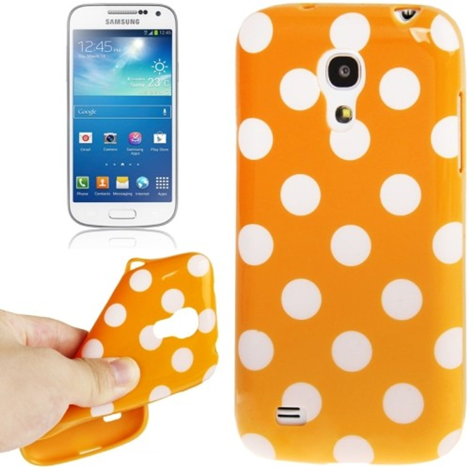 Orange Handyhülle mit weißen Punkten. Es ist eine Schutzhülle für ein Telefon.