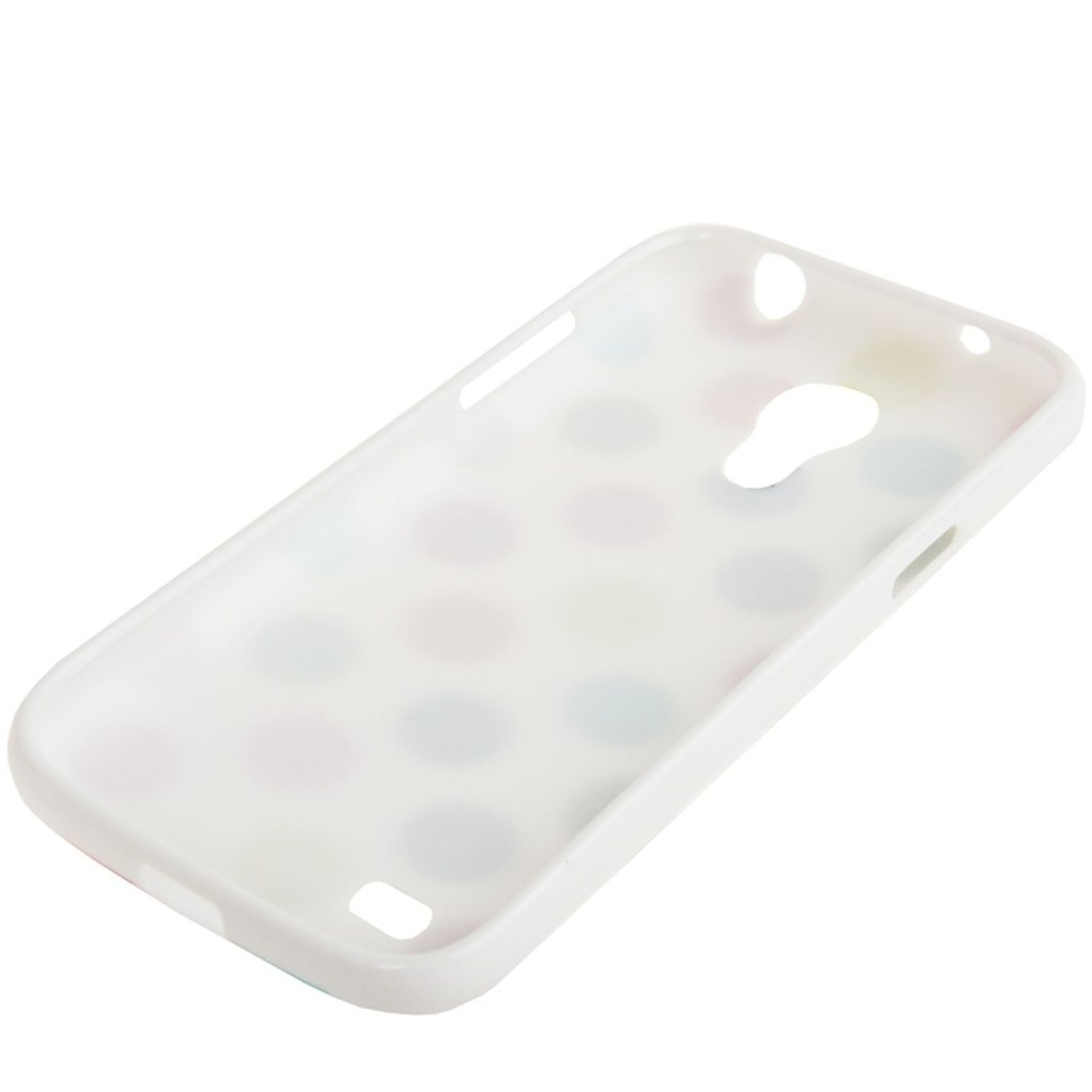 Weiße Handyhülle. Transparent mit bunten Punkten. Weißer Hintergrund.