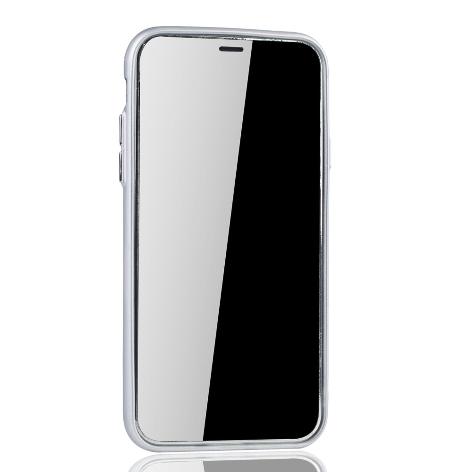 Silbernes Telefon mit schwarzem Bildschirm. Weißer Hintergrund. Klares Design.