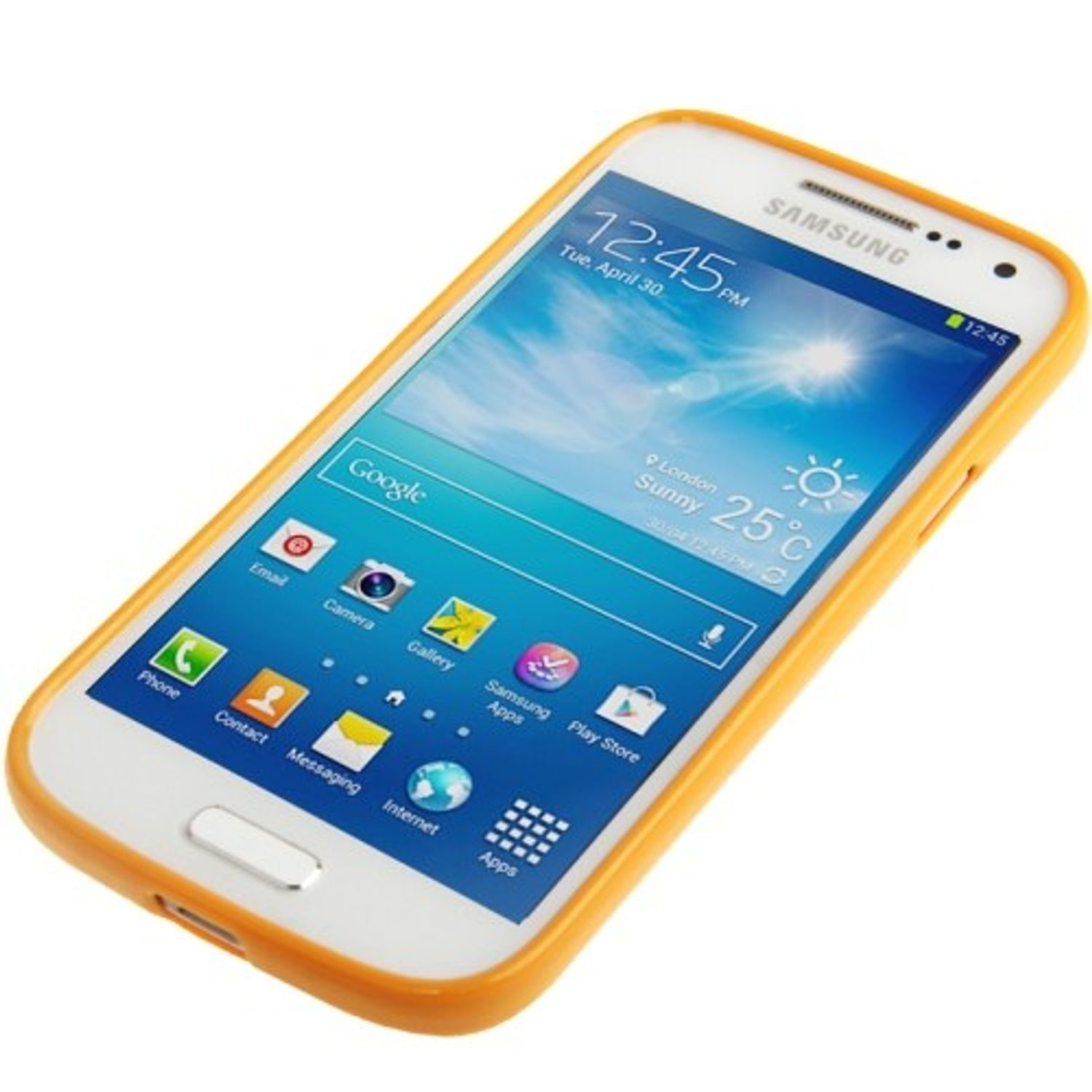 Ein Samsung-Handy in einer orangefarbenen Hülle zeigt einen Startbildschirm mit Datum, Uhrzeit und App-Symbolen.