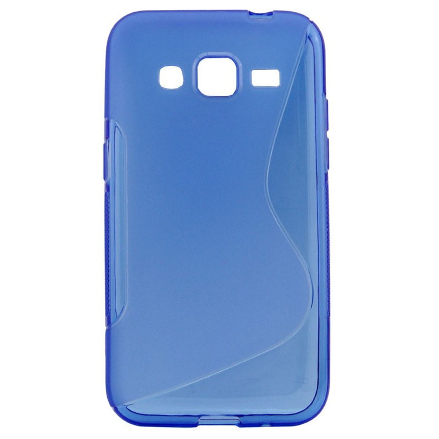 Blaue Handyhülle. Transparente Hülle mit Aussparungen für Knöpfe und Ladeanschluss.