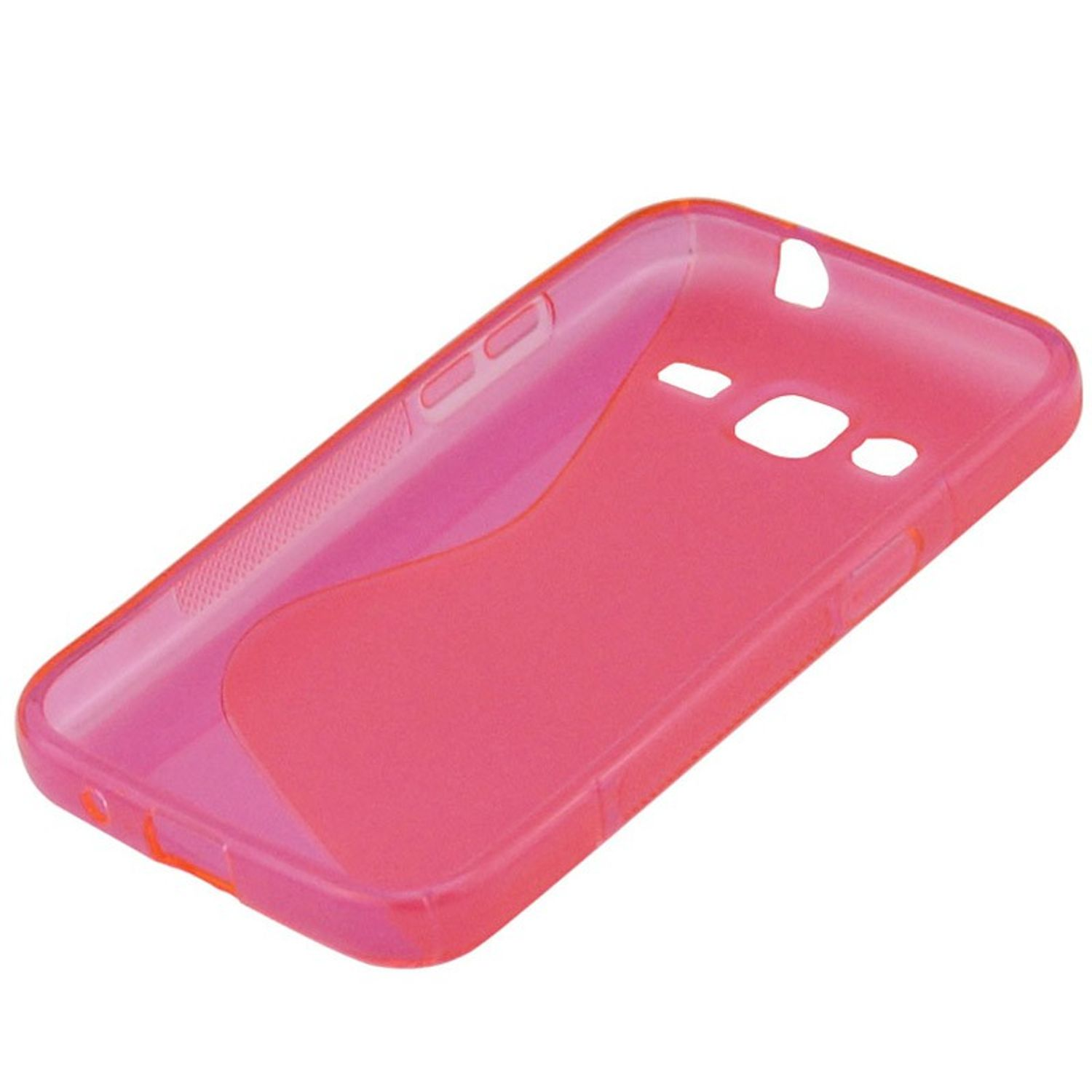 Transparente rosa Handyhülle mit dunklerem rosa Design, abgewinkelt.