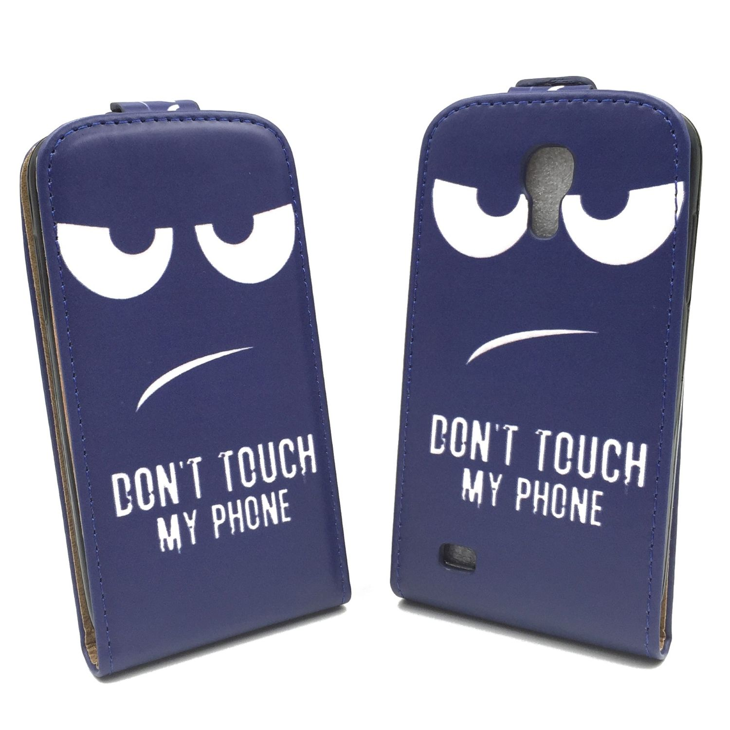 Zwei blaue Handyhüllen mit einem Gesicht, auf dem steht: Don't Touch My Phone.