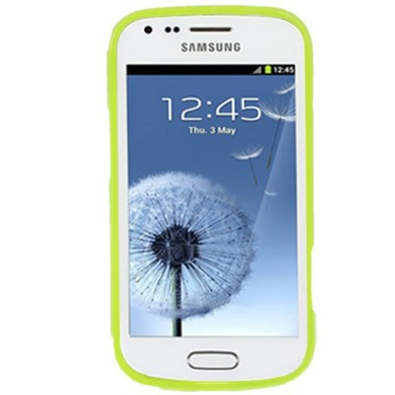Ein weißes Samsung-Handy in einer grünen Hülle zeigt ein Löwenzahnbild auf dem Bildschirm und die Uhrzeit.
