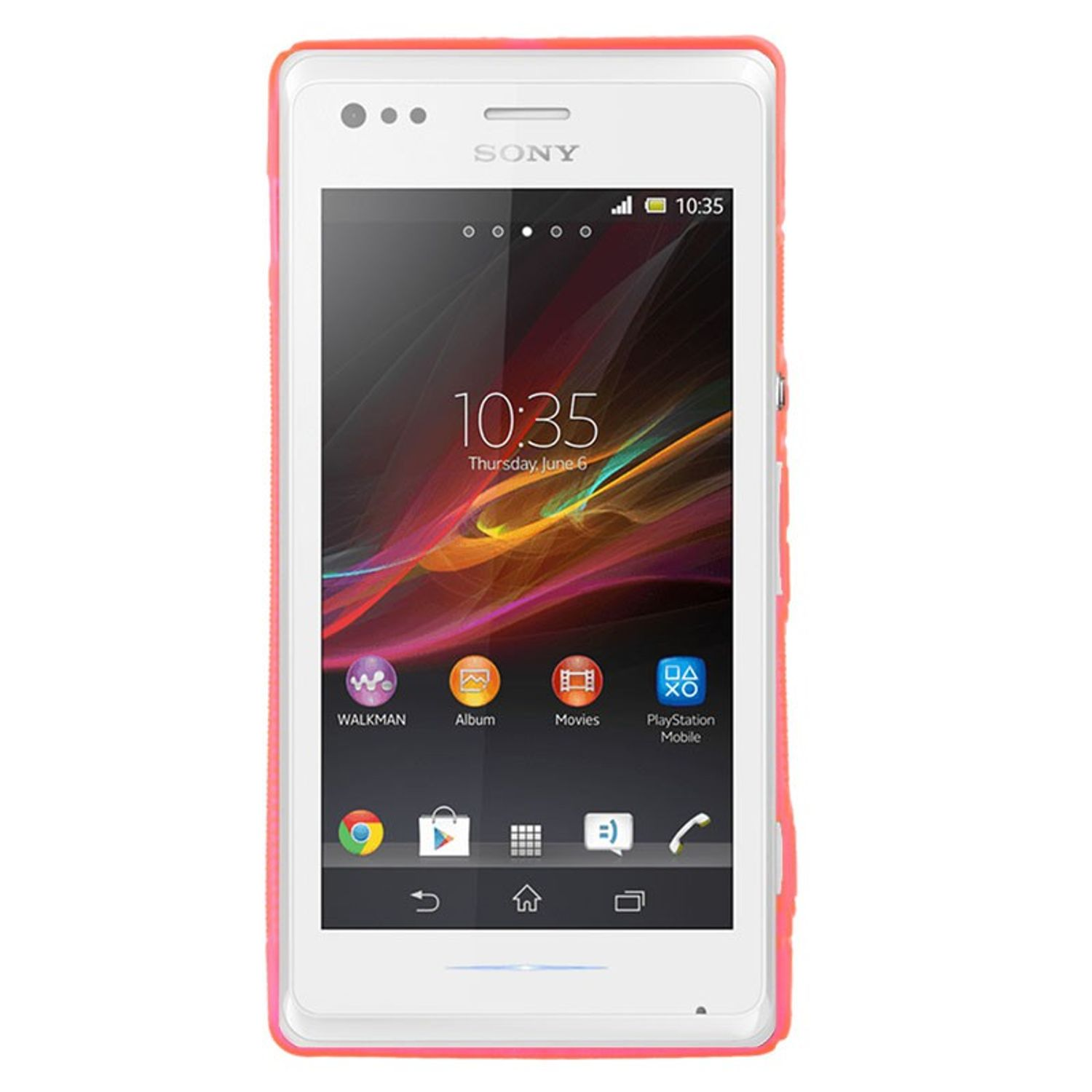Weißes Sony-Handy mit pinkfarbener Hülle, Bildschirm mit Symbolen und Uhrzeit. Heller Hintergrund.