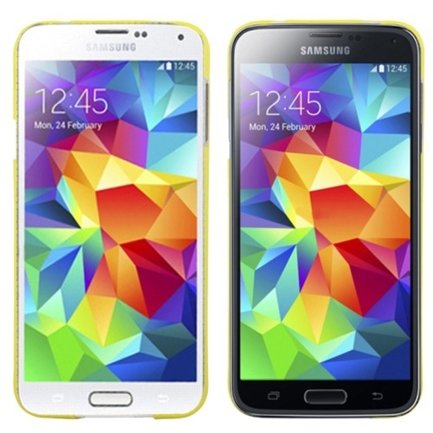Zwei Samsung-Telefone mit gelben Hüllen, eines weiß und eines schwarz, zeigen die Uhrzeit an.