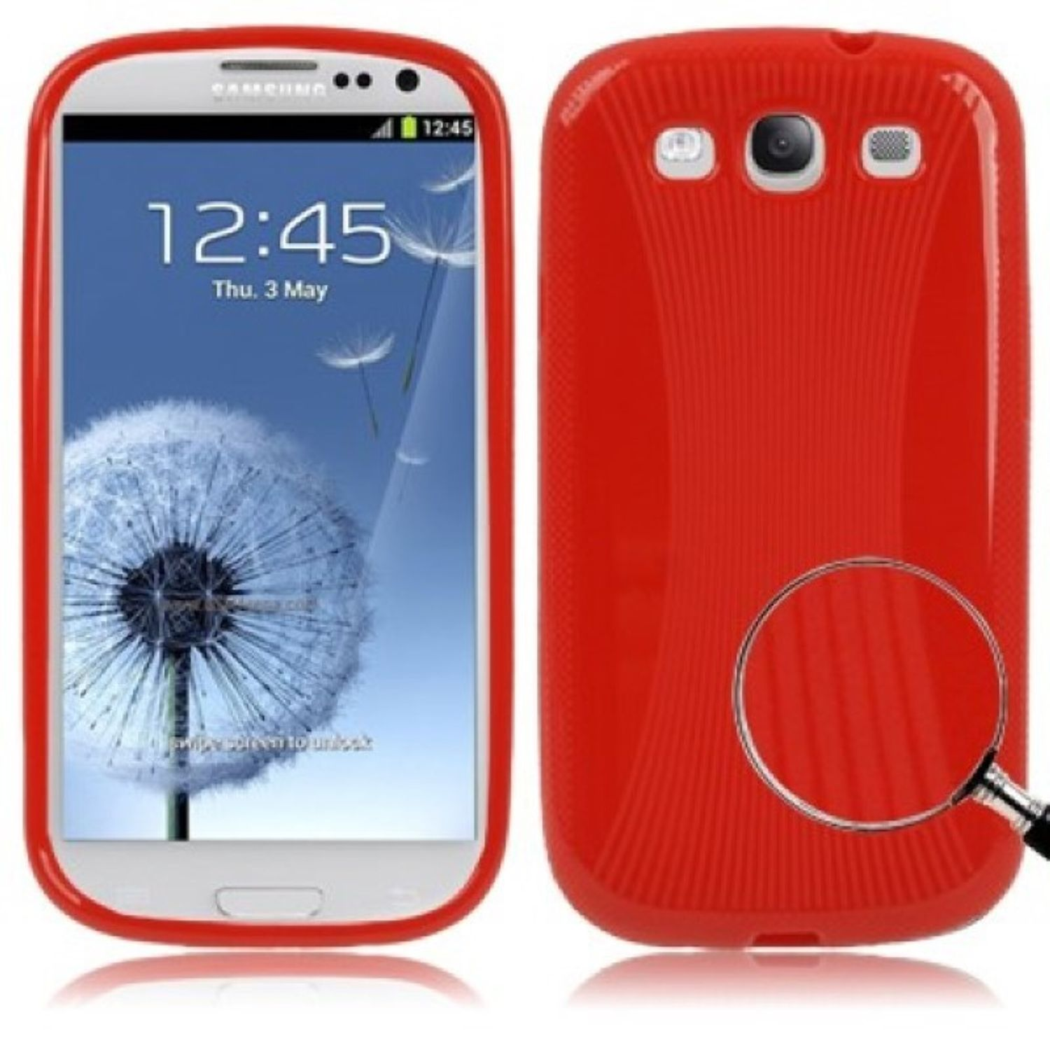 Rote Handyhülle und Smartphone mit Pusteblume auf dem Bildschirm.