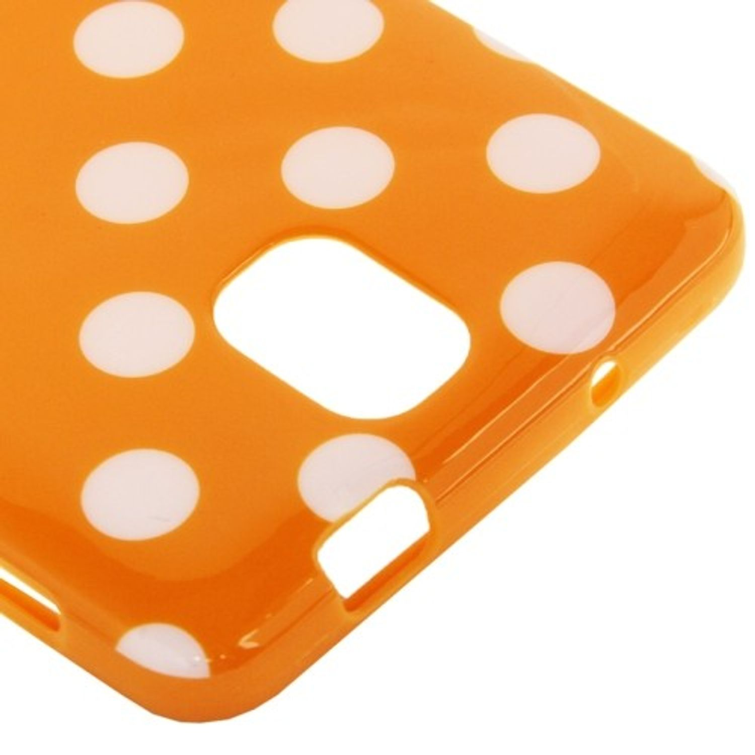 Orangefarbene Handyhülle mit weißen Tupfen. Weißer Hintergrund.