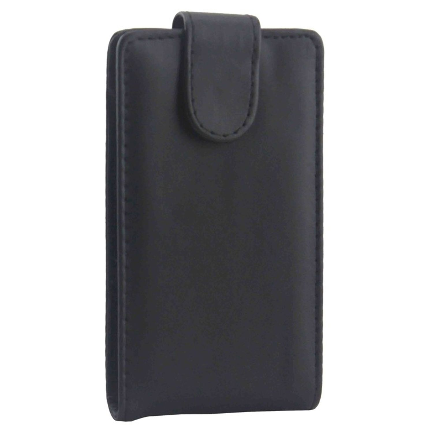 Schwarze Leder-Handyhülle mit Magnetverschluss. Schlichtes und elegantes Design. Weißer Hintergrund.