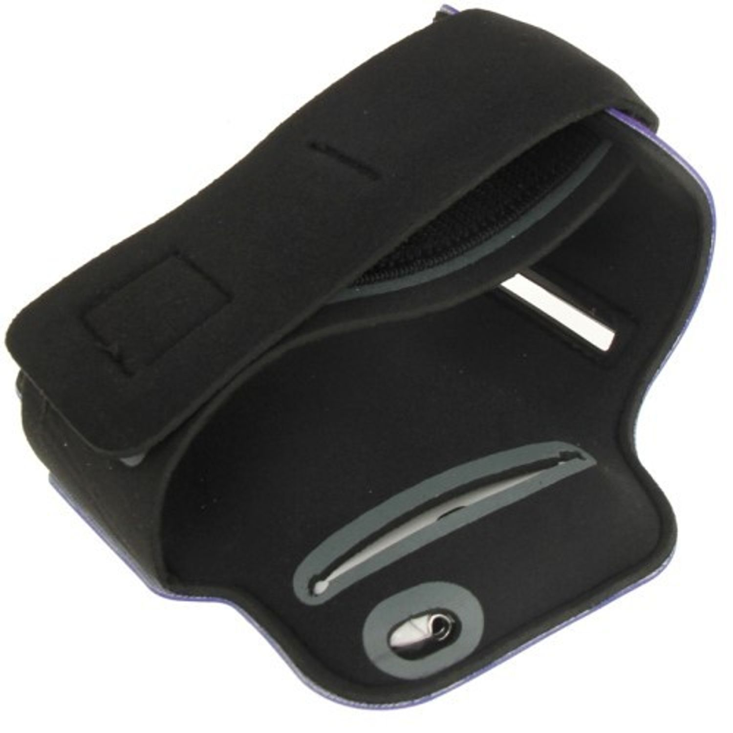 Schwarze Neopren-Armbinde mit lila Rand. Hat Öffnungen und einen Reißverschluss.