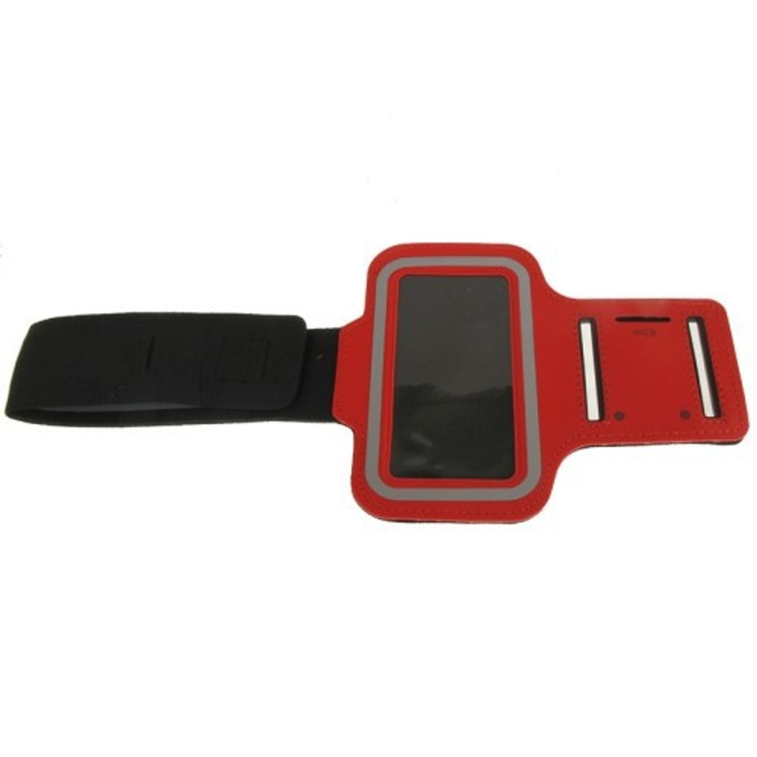 Rotes und schwarzes Armband für Telefon, angewinkelt, mit Telefon darin.