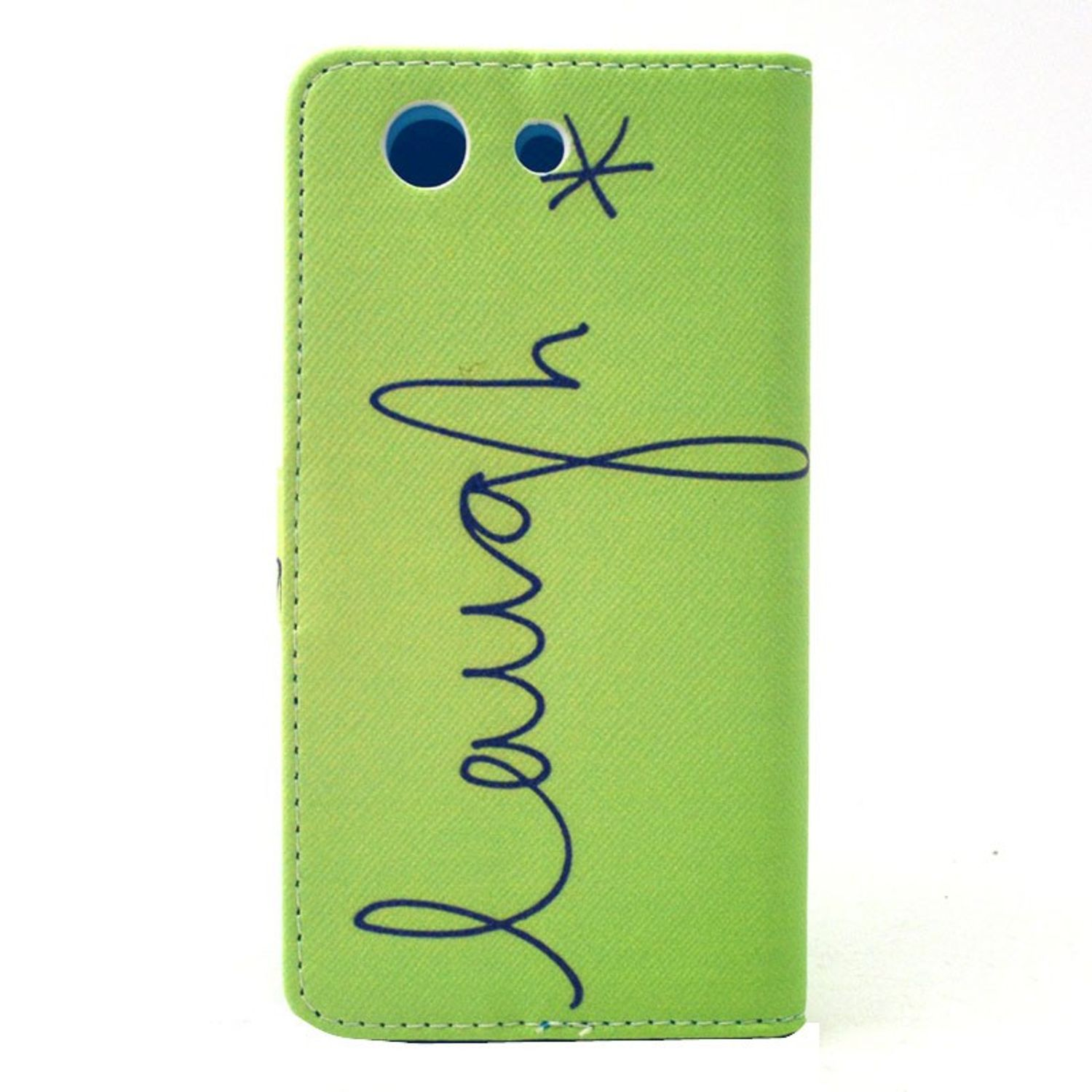 Eine grüne Handyhülle. Die Hülle hat das Wort 'Laugh' und ein Sternsymbol in Blau.