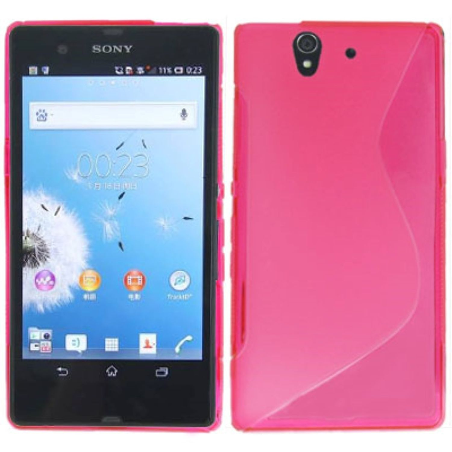 Ein Telefon mit pinker Hülle, das den Bildschirm zeigt. Der Hintergrund ist weiß.