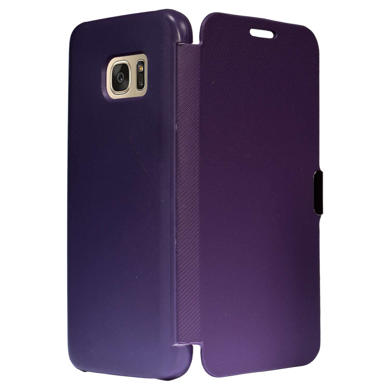 Violette Handyhülle mit geöffneter Klappe. Die Kamera des Telefons ist sichtbar. Weißer Hintergrund.