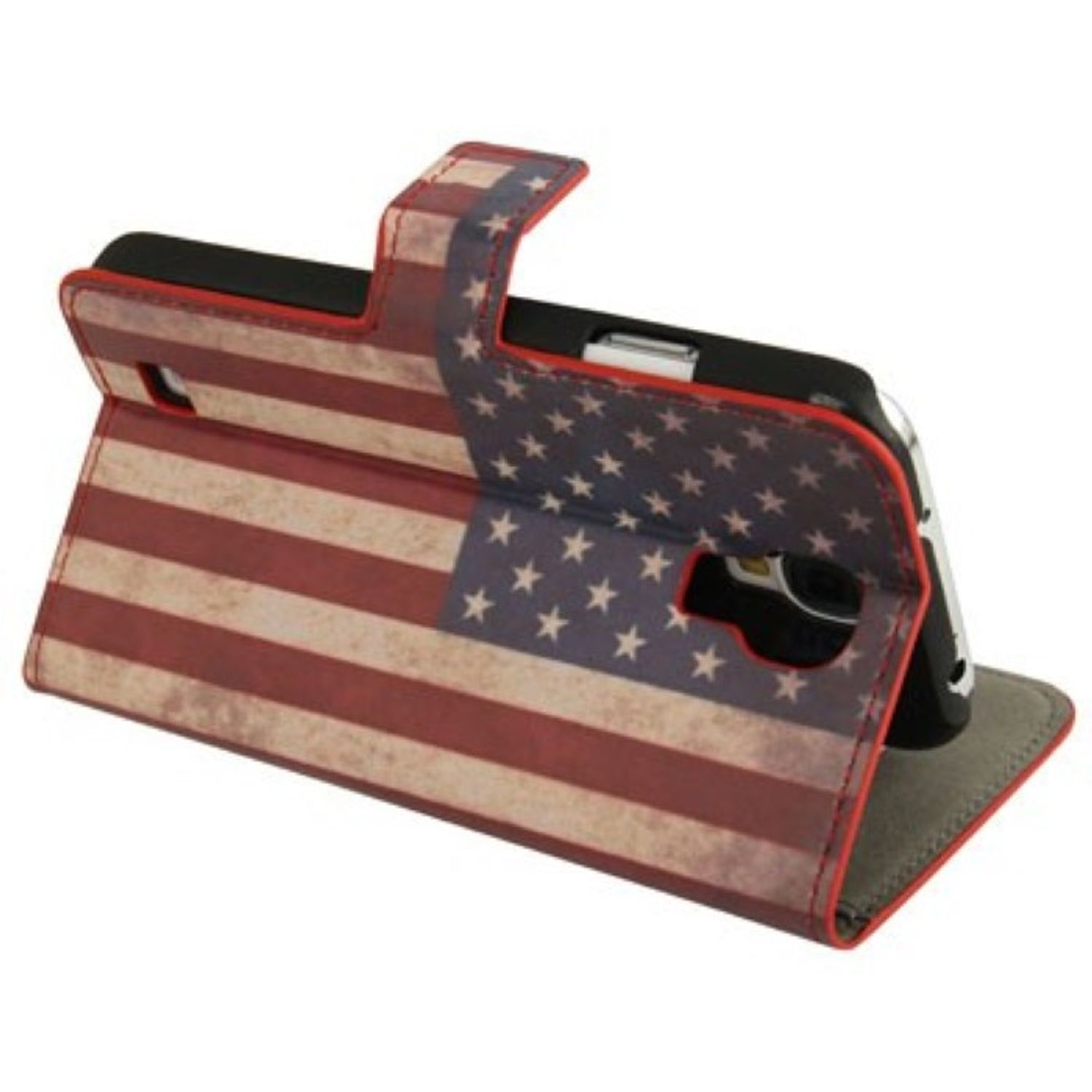 Geöffnete Handyhülle, amerikanisches Flaggen-Design. Telefon ist innen. Roter Rand.
