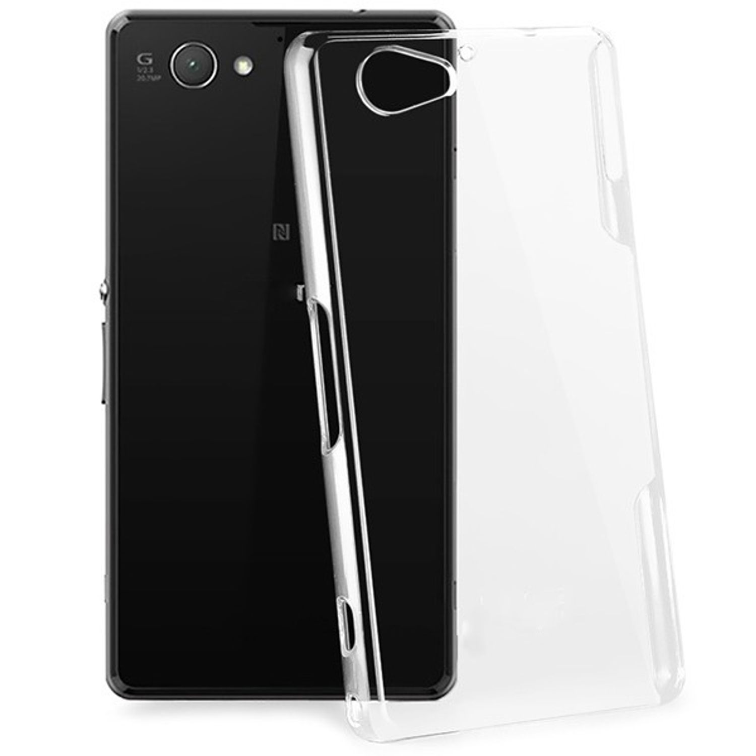Schwarzes Telefon und transparente Hülle. Weißer Hintergrund. Telefonrückseite sichtbar.