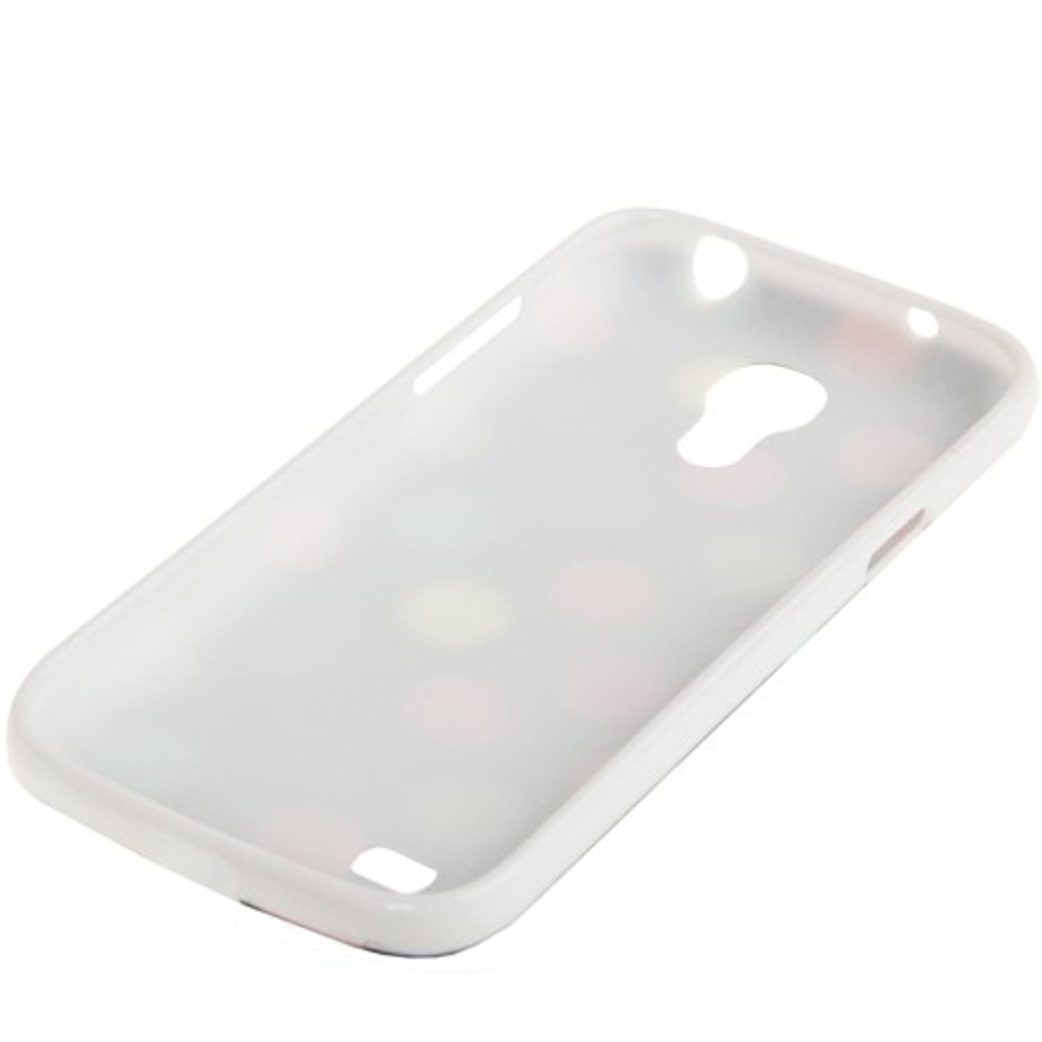 Transparente Handyhülle mit Farbklecksen. Winkelansicht, weißer Hintergrund.