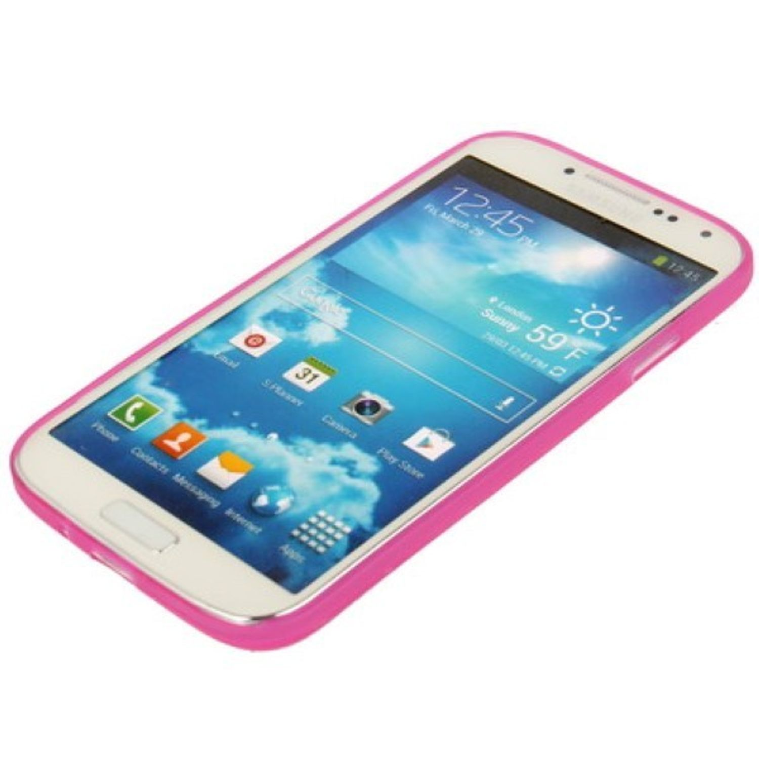 Weißes Telefon mit pinker Hülle, das den Telefonbildschirm zeigt. Weißer Hintergrund.