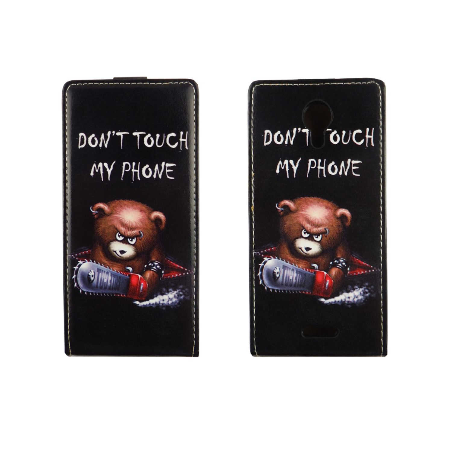 Schwarze Handyhülle mit Bär und Kettensäge, Text: DON'T TOUCH MY PHONE.