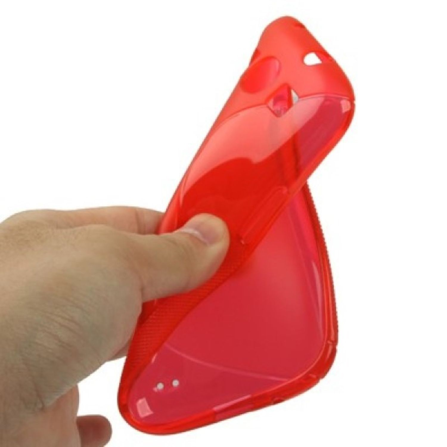 Hand hält eine rote, flexible Handyhülle. Die Hülle ist durchscheinend.