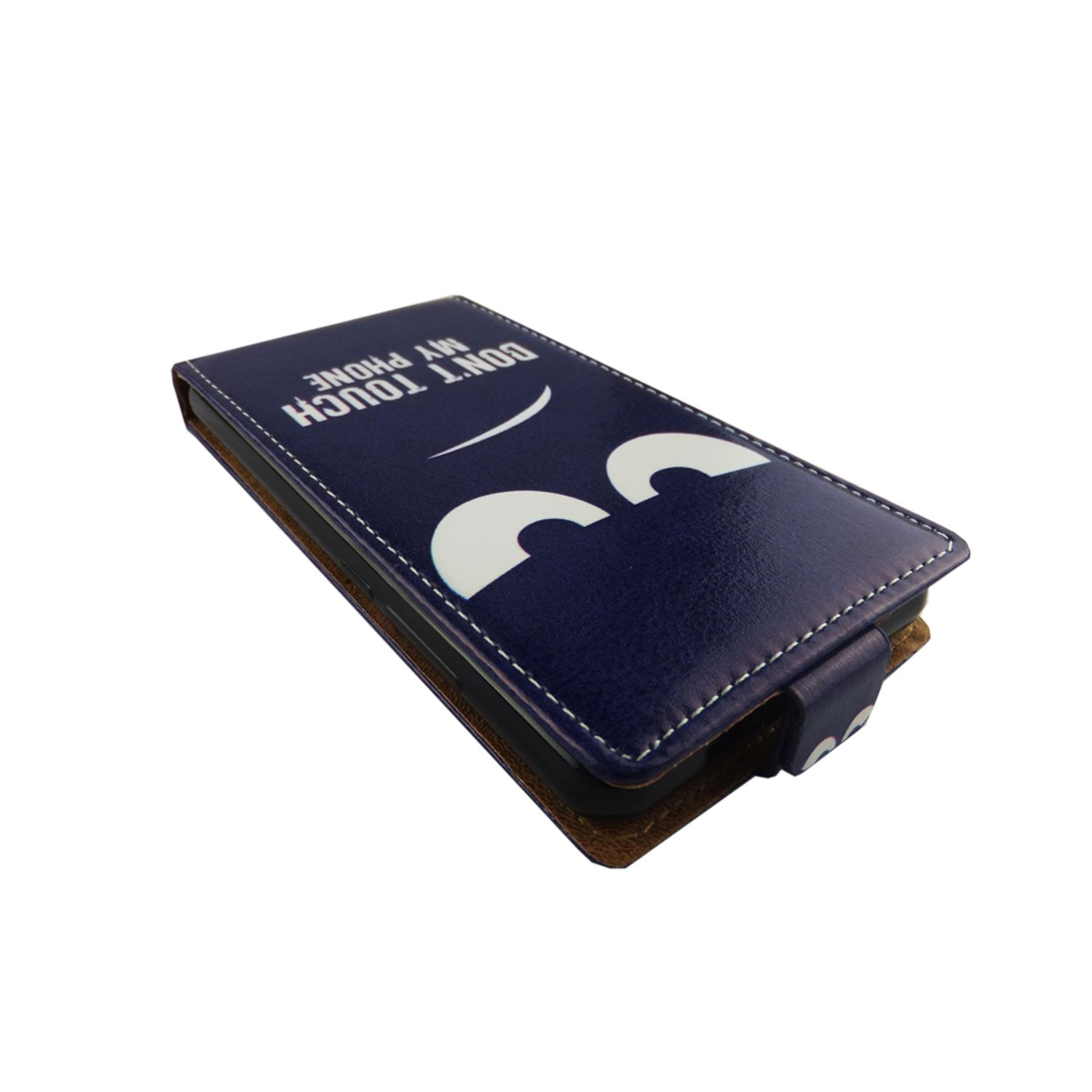 Geschlossene marineblaue Handyhülle mit weißem Augendesign und Text 'Don't touch my phone'.