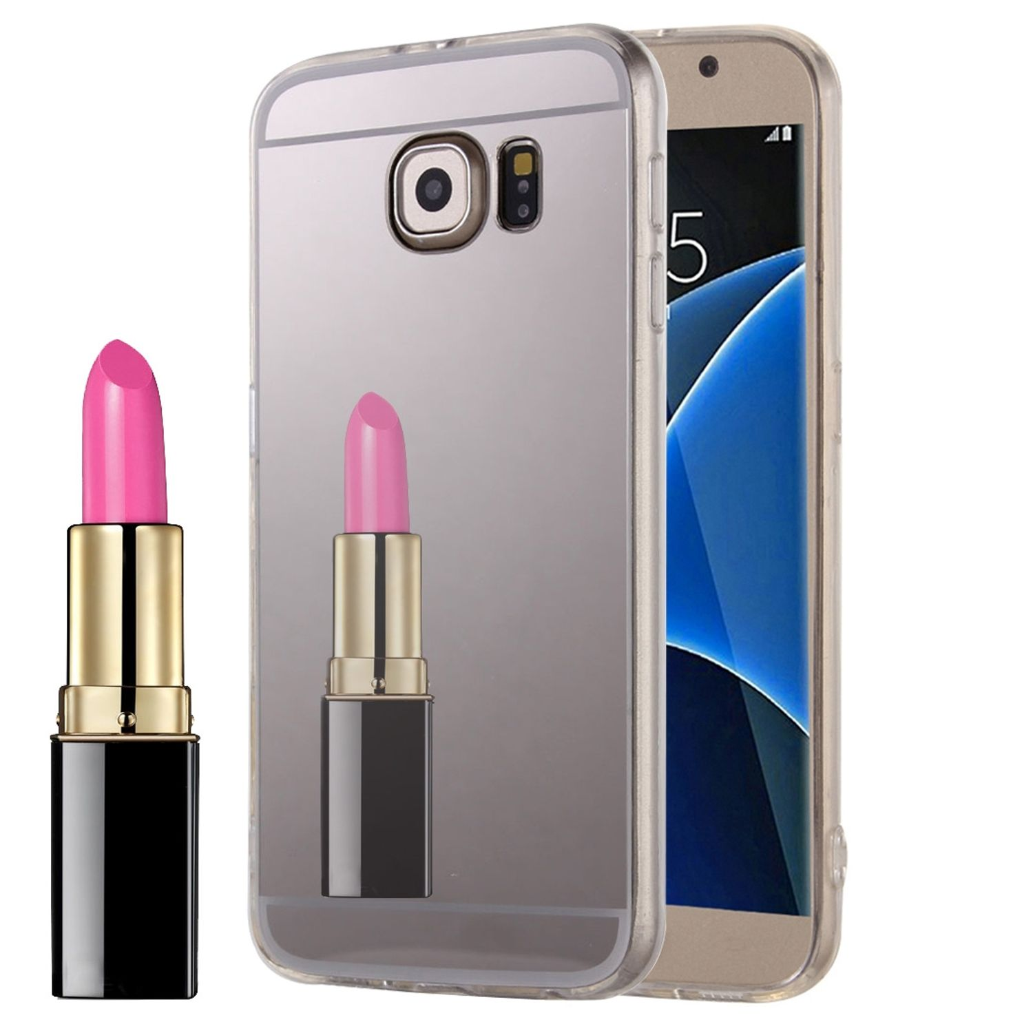 Telefon mit Lippenstift-Spiegelhülle. Lippenstift befindet sich neben der Hülle. Weißer Hintergrund.