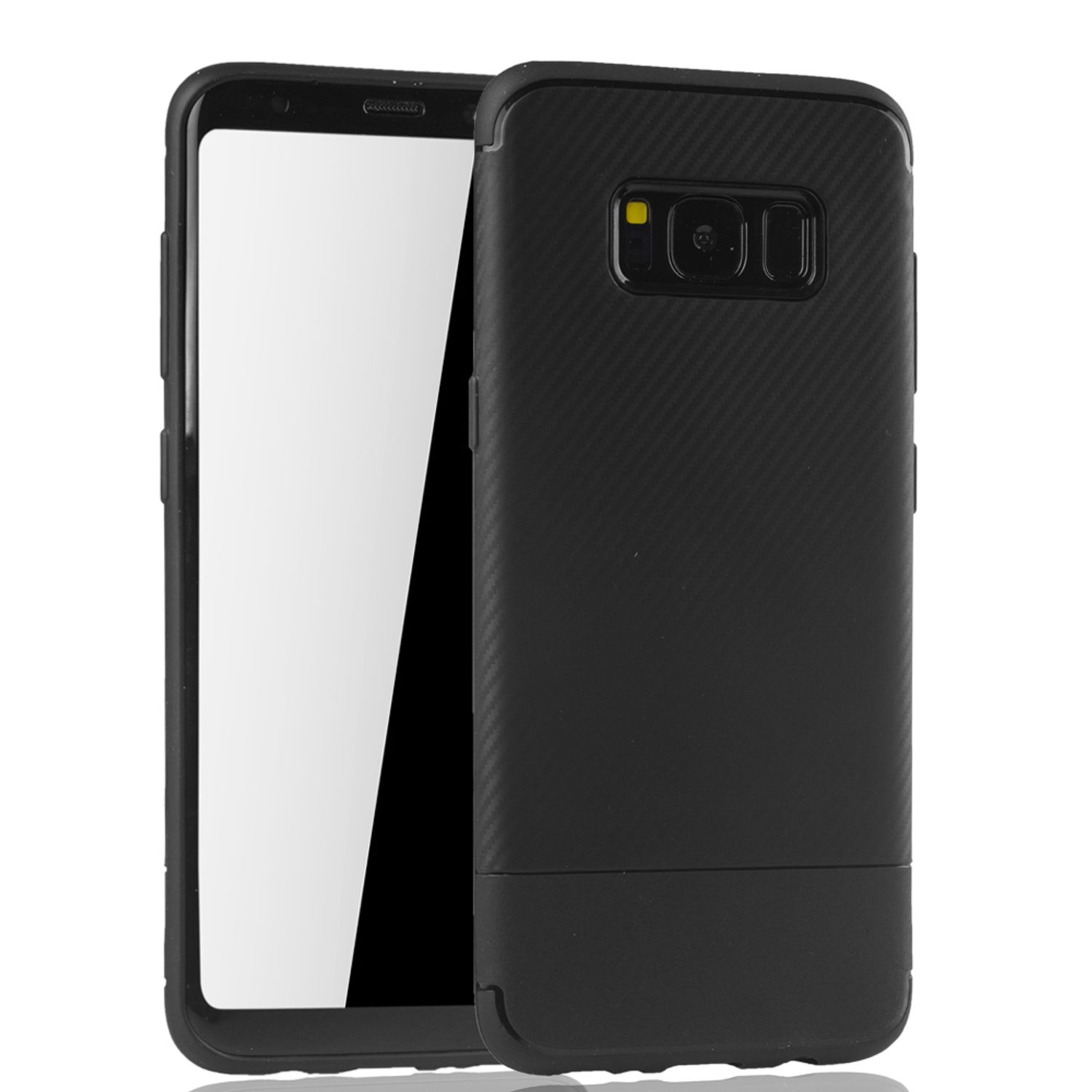 Schwarze Handyhülle mit strukturierter Rückseite und Telefon darin. Weißer Hintergrund.