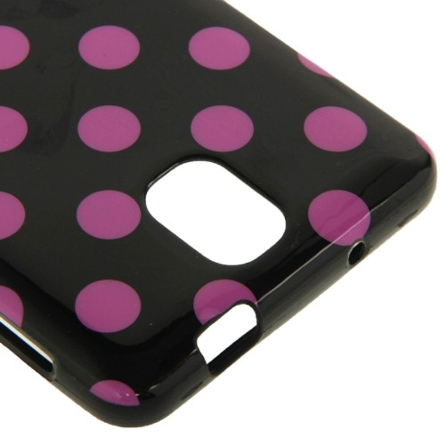 Schwarze Handyhülle mit lila Tupfen. Mit Aussparungen für Kamera und Tasten.