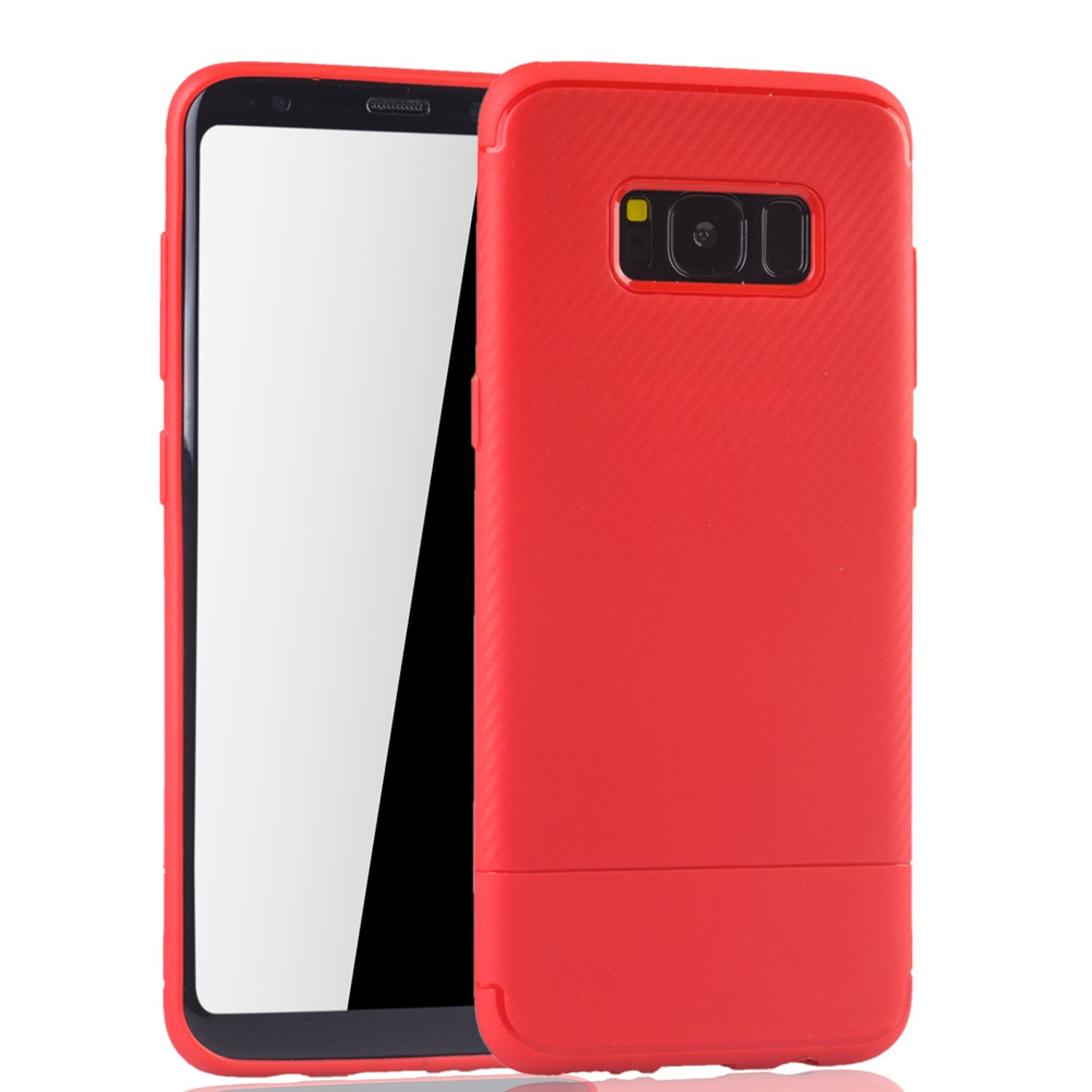Eine rote Handyhülle mit einem Telefon darin. Das Telefon hat einen weißen Bildschirm.