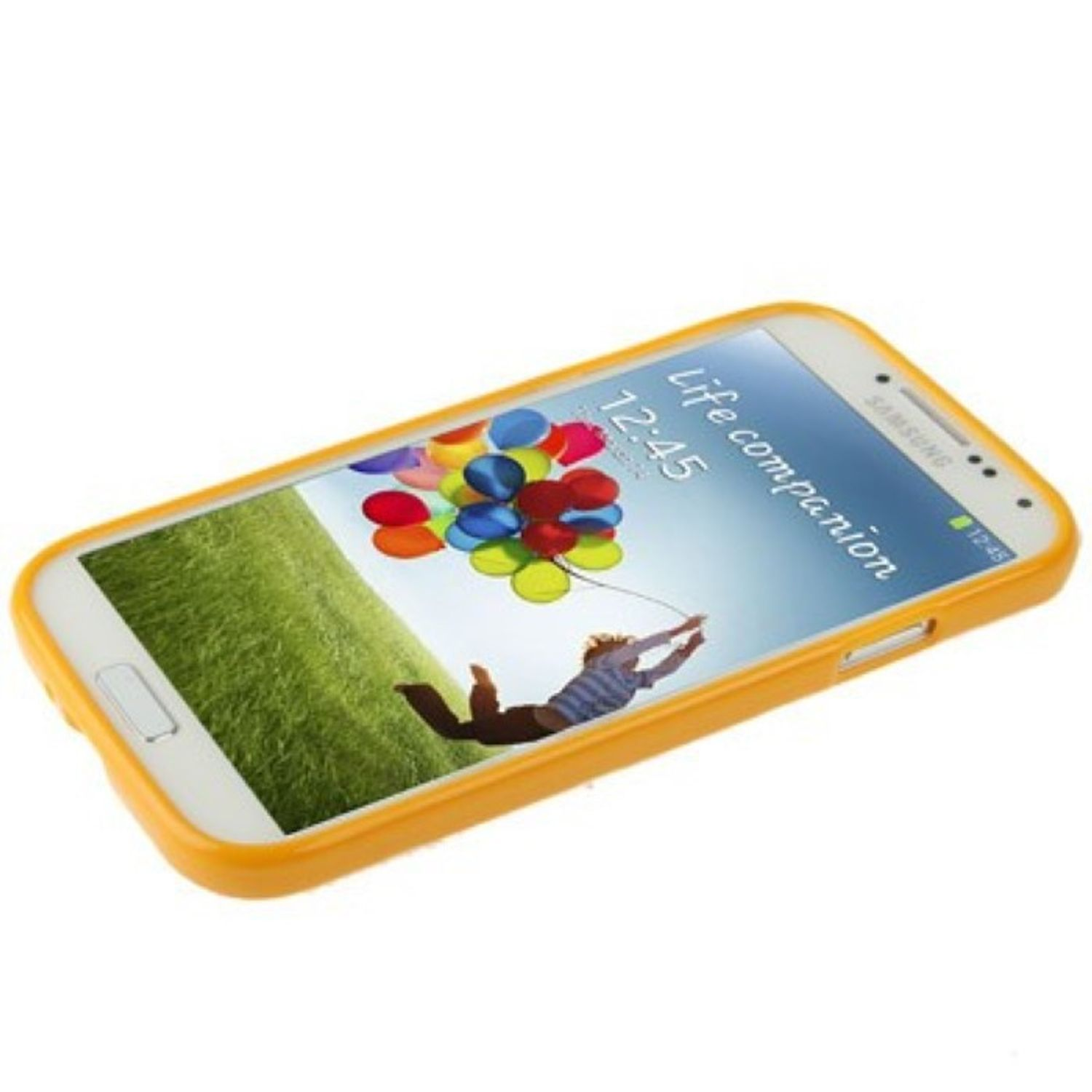 Smartphone in gelber Hülle, zeigt eine Feldszene mit Person und Ballons.