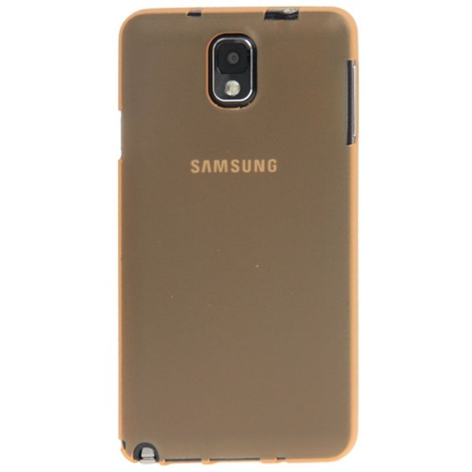 Eine braune Samsung-Handyhülle. Die Rückseite der Handyhülle ist sichtbar.