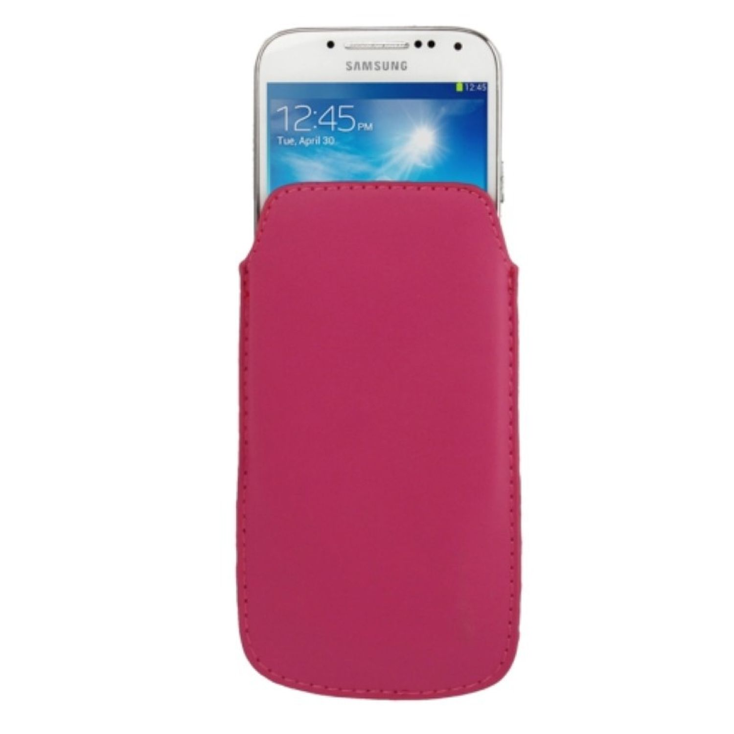 Rosa Handytasche mit Telefon. Der Bildschirm ist sichtbar. Weißer Hintergrund.