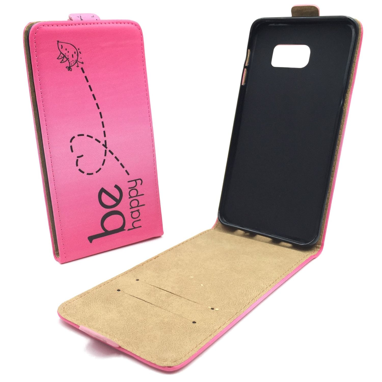Eine pinkfarbene Handyhülle, offen, mit einem schwarzen Telefon darin. Auf der Hülle steht 'be happy' mit einer Zeichnung.