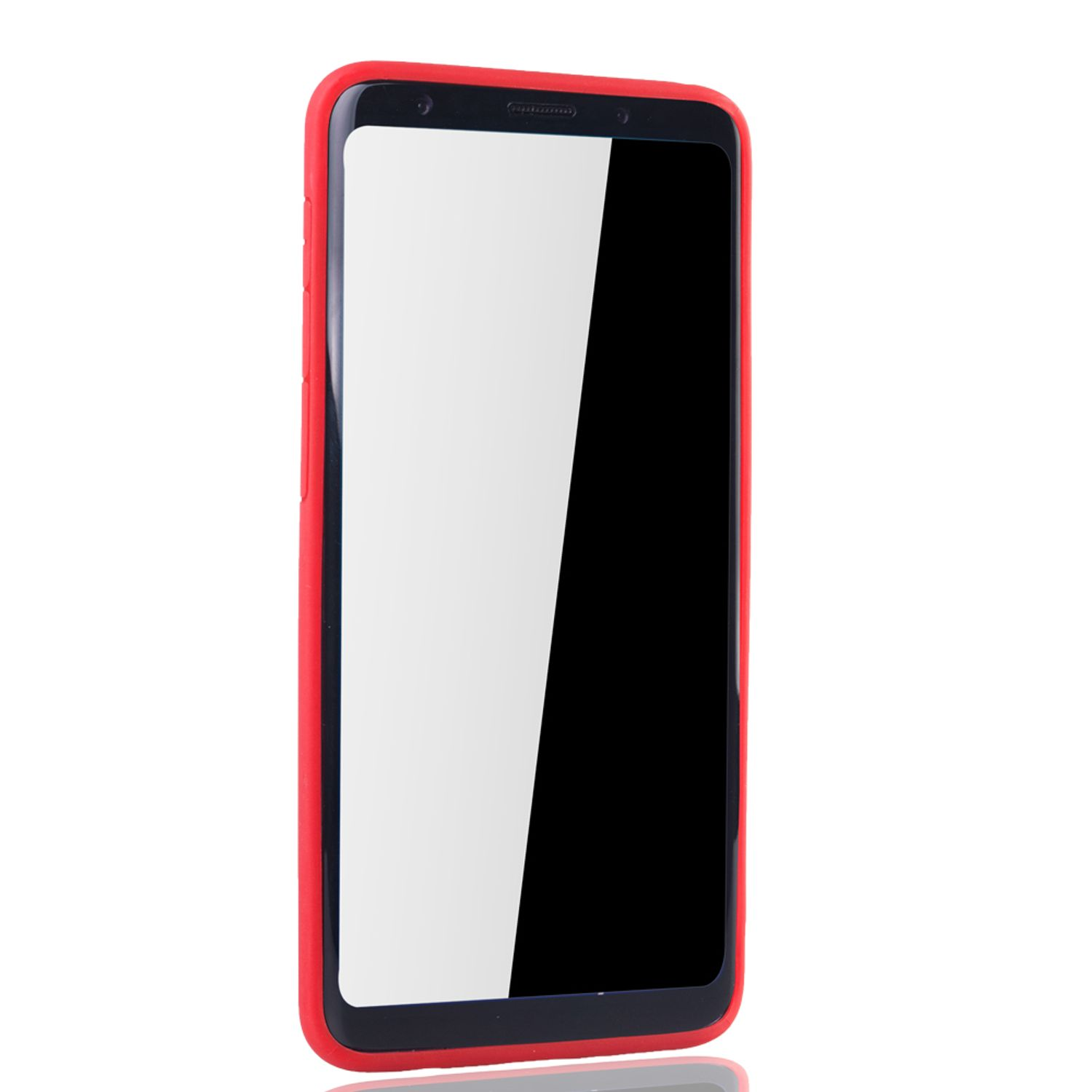 Rote Handyhülle mit schwarzem Rahmen, zeigt den Bildschirm. Weißer Hintergrund, minimalistisches Design.