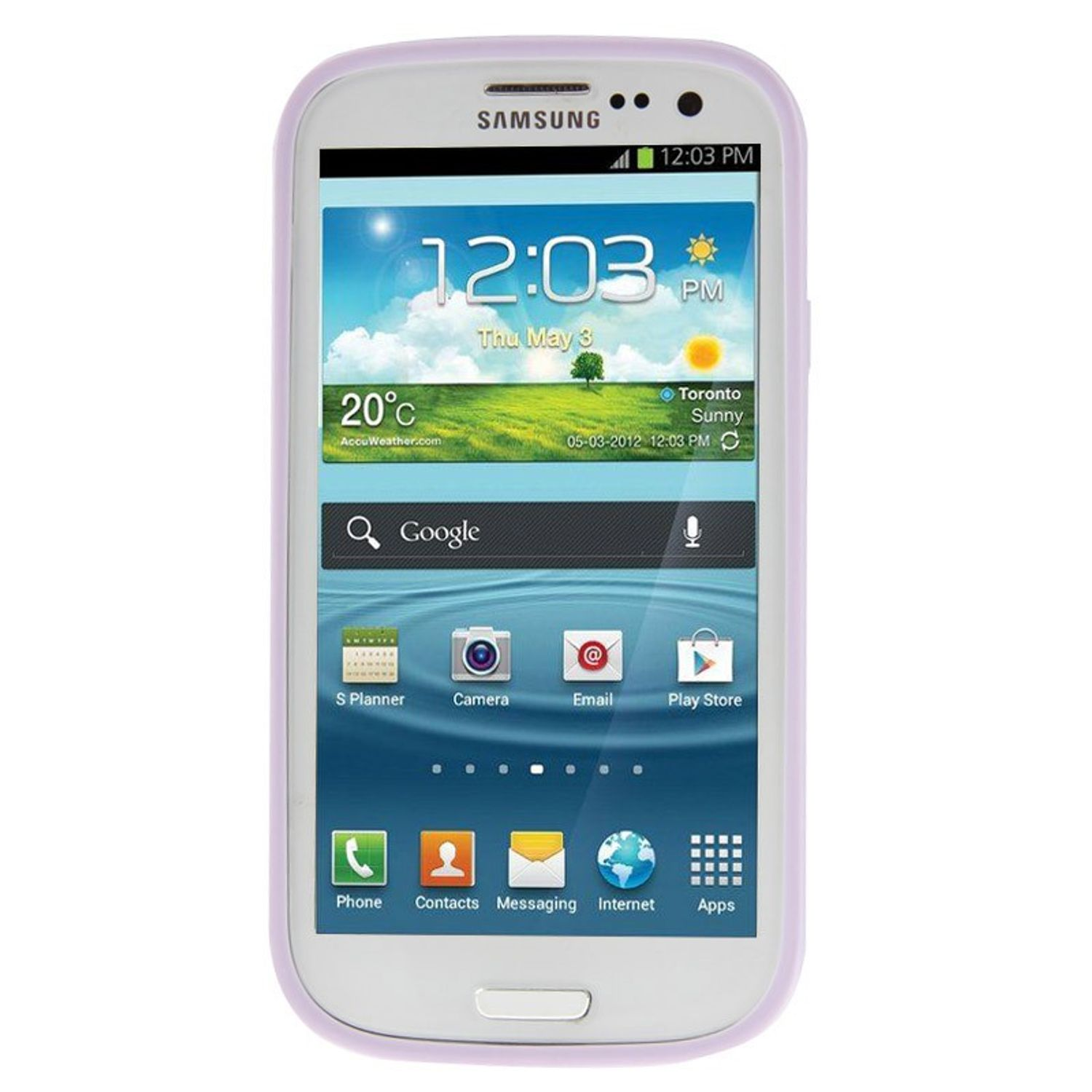 Weißes Samsung Smartphone mit hellvioletter Hülle. Der Bildschirm zeigt Uhrzeit und App-Symbole.