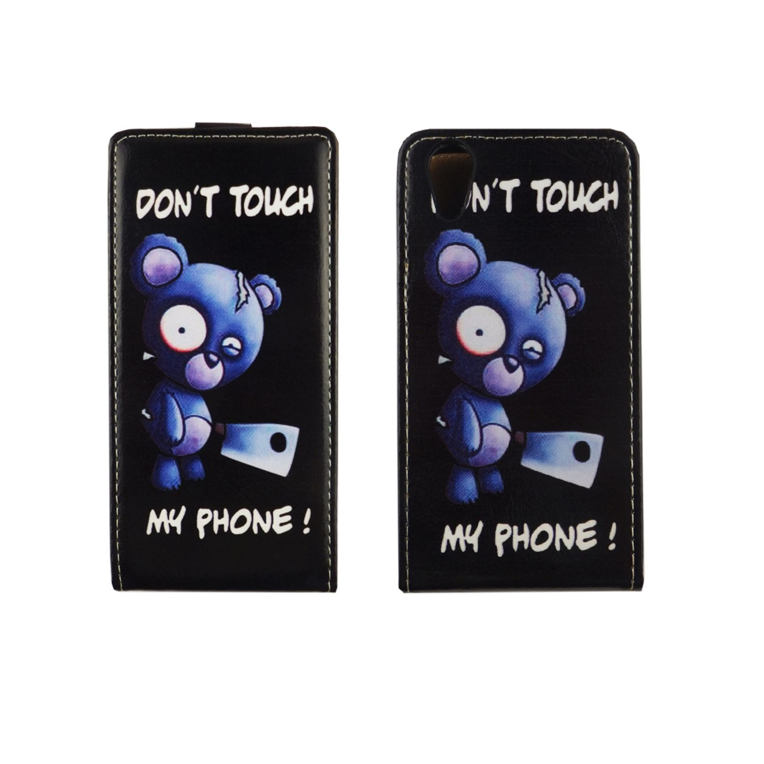 Schwarze Handyhülle mit einem Cartoon-Bären, der ein Messer hält. Text: "Don't touch my phone!".