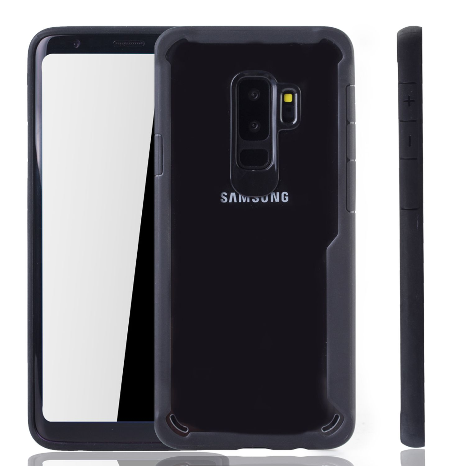 Schwarzes Telefon mit einer schwarzen Hülle. Die Handyhülle hat das Samsung-Logo.