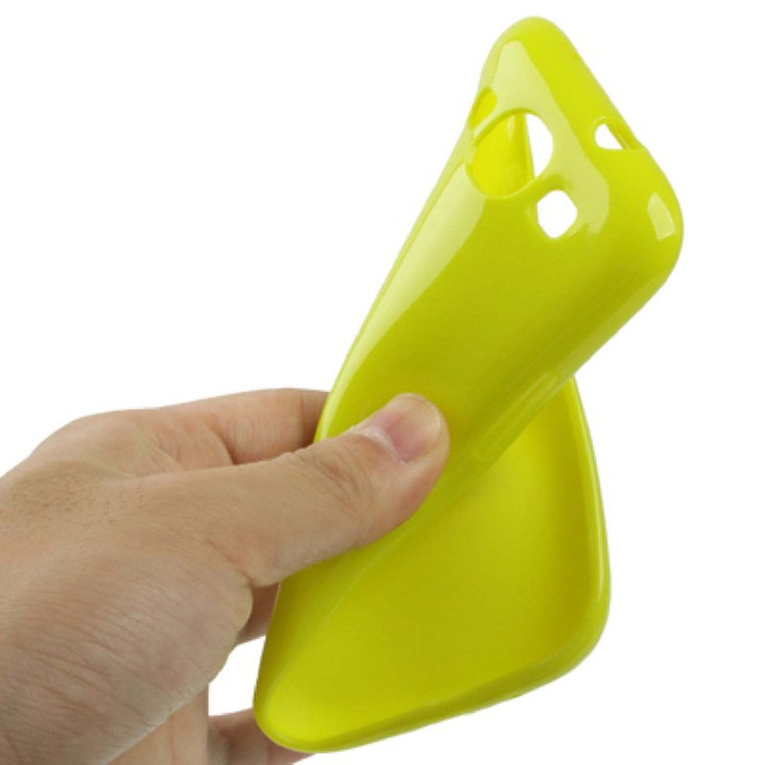 Eine Hand hält eine flexible, gelbe Handyhülle und biegt sie leicht.