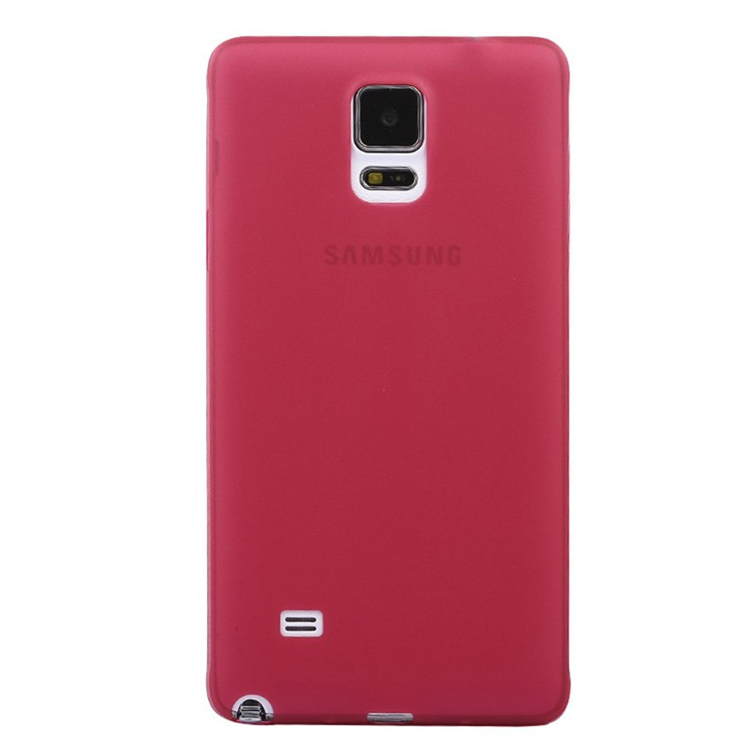 Rote Handyhülle. Sie hat eine Kamera und ein Samsung-Logo. Der Hintergrund ist weiß.