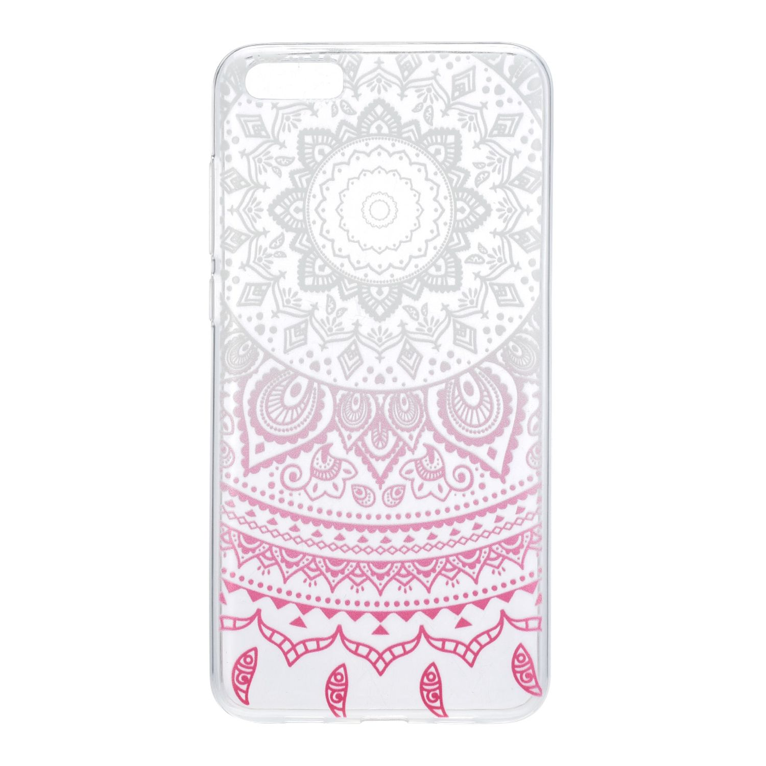 Transparente Handyhülle mit einem rosa und weißen Mandala-Design.