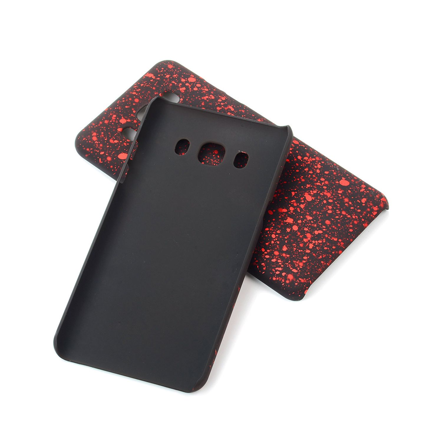 Schwarze Handyhülle mit rotem, gesprenkeltem Design auf der Rückseite.
