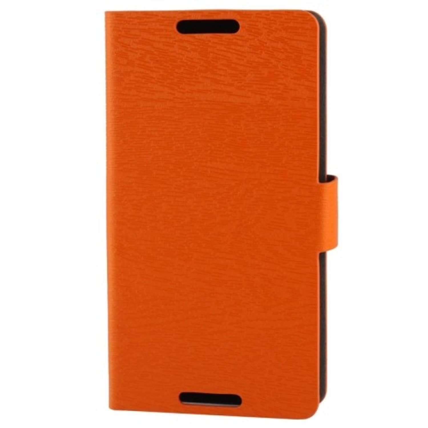Eine orangefarbene Handyhülle, geschlossen, mit strukturierter Oberfläche und Verschluss.