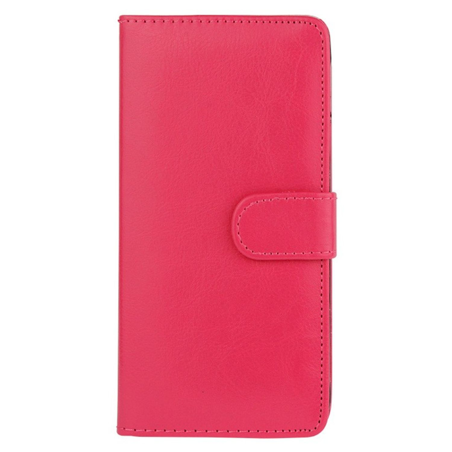 Pinke Leder-Handyhülle, geschlossen, mit Verschluss, auf weißem Grund.