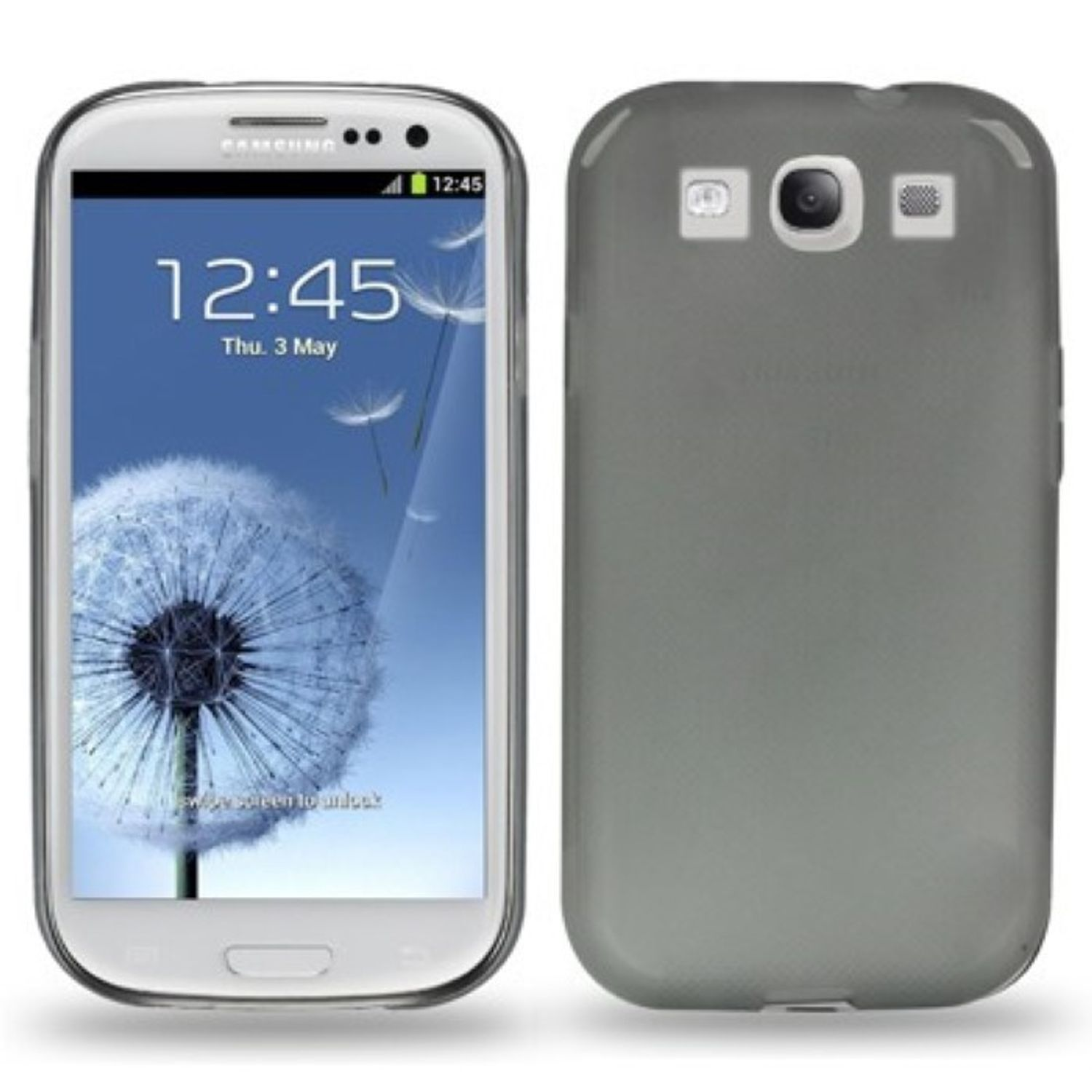 Ein Samsung-Telefon mit Löwenzahn-Hintergrund. Das Telefon befindet sich in einer grauen Hülle. Der Hintergrund ist weiß.