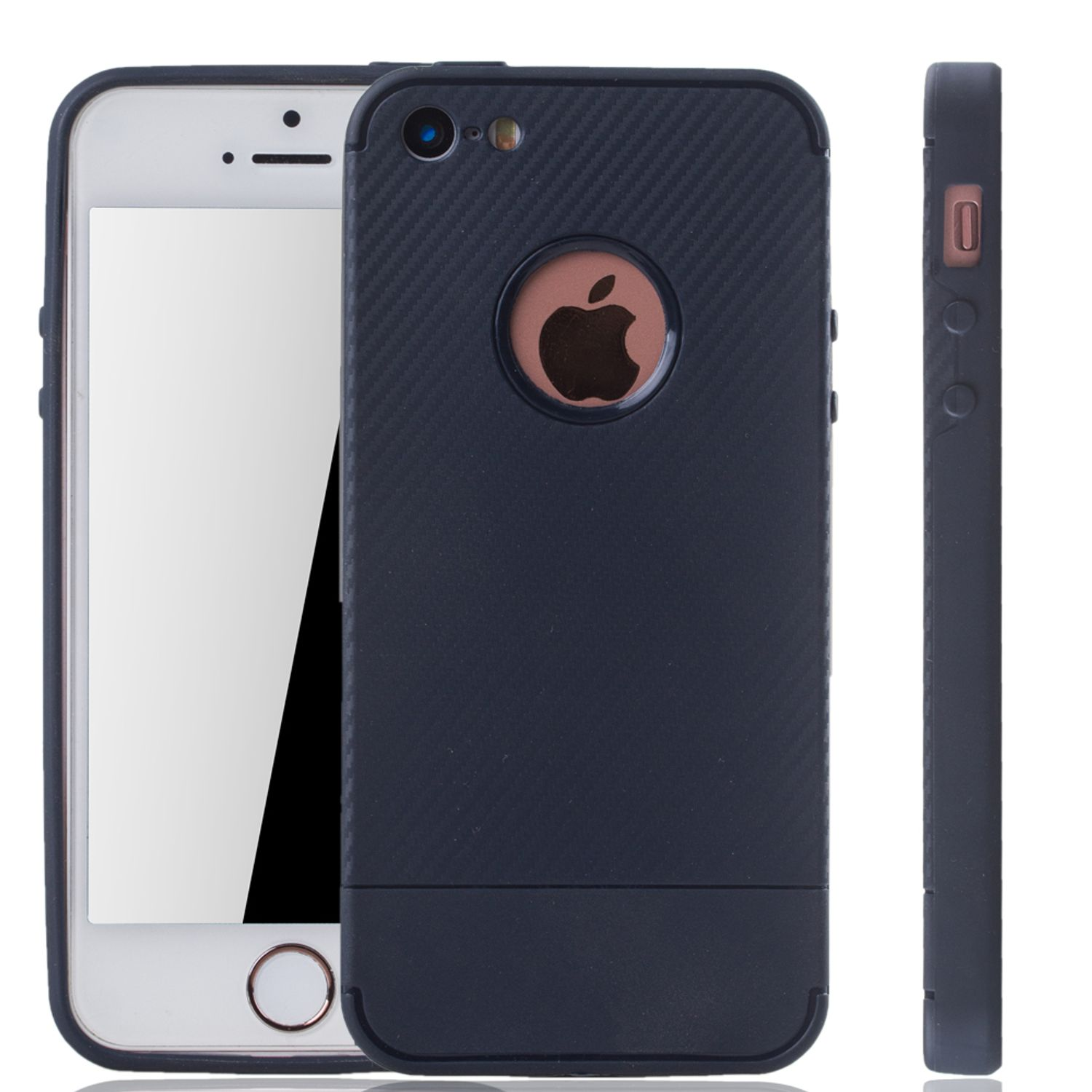 Ein iPhone mit schwarzem Gehäuse, das die Kamera und den Bildschirm des Telefons zeigt, auf weißem Hintergrund.