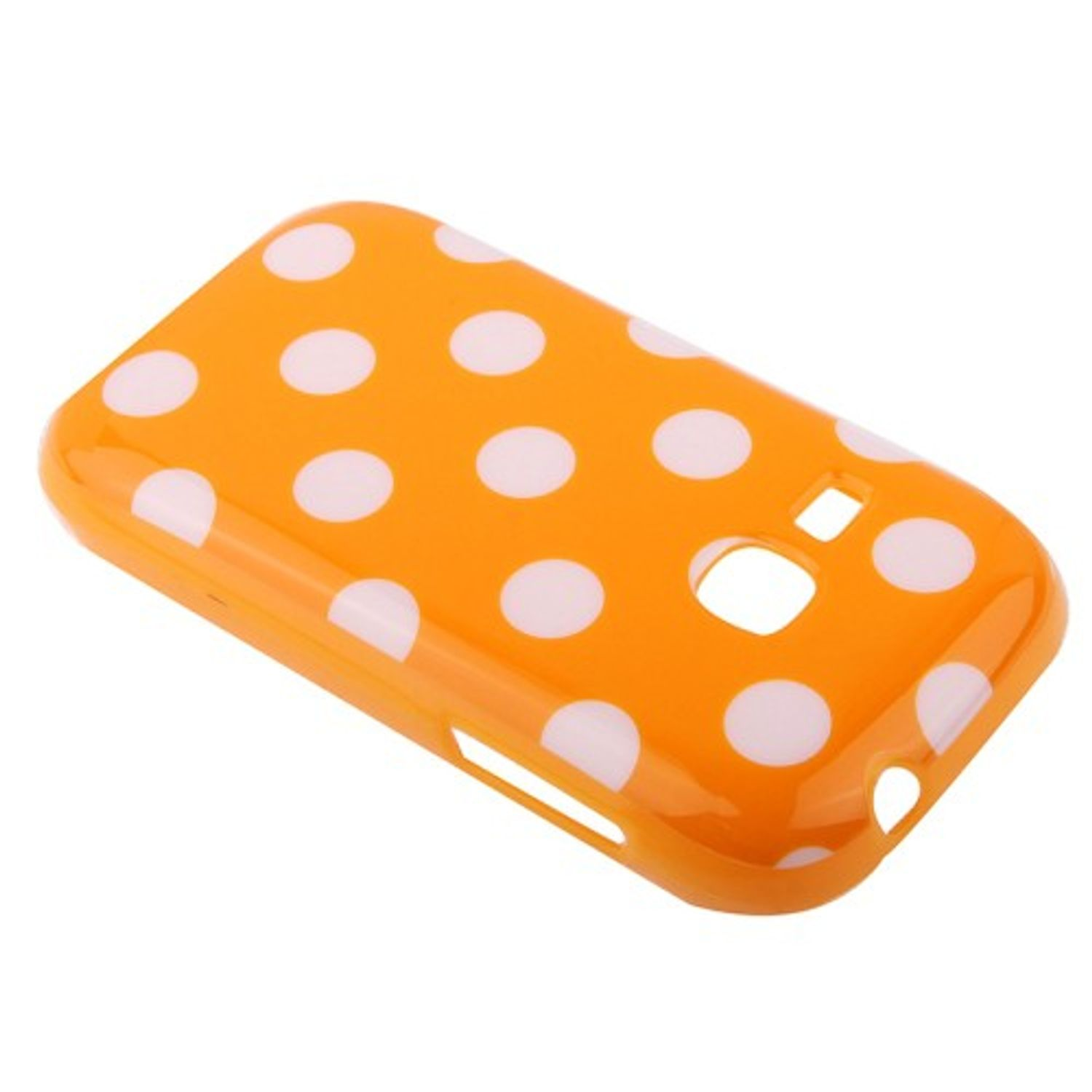 Orangefarbene Handyhülle mit weißen Tupfen. Löcher für Kamera und Knöpfe.