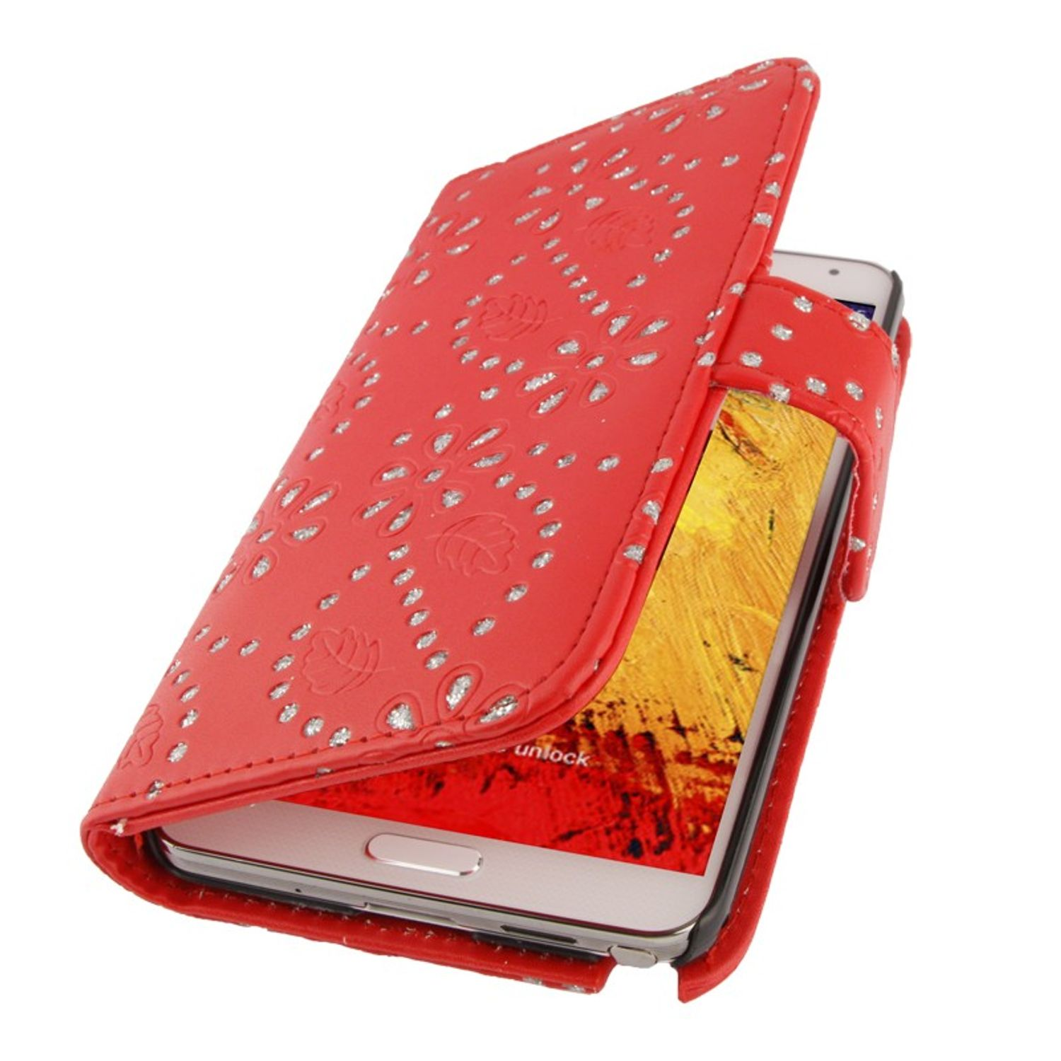 Rote Handyhülle mit floralen Aussparungen, geöffnetes Telefon.